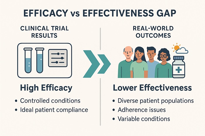 Efficacy-Effectiveness Gap Visualization Chart showing clinical trial vs real-world performance differences