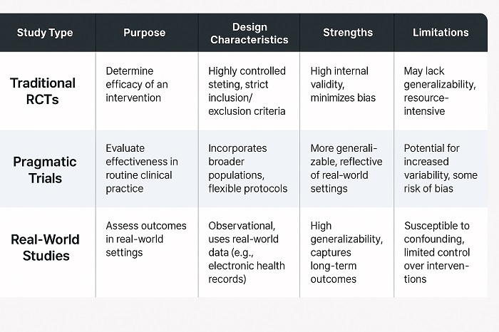 Methodology Comparison Table contrasting different clinical research approache