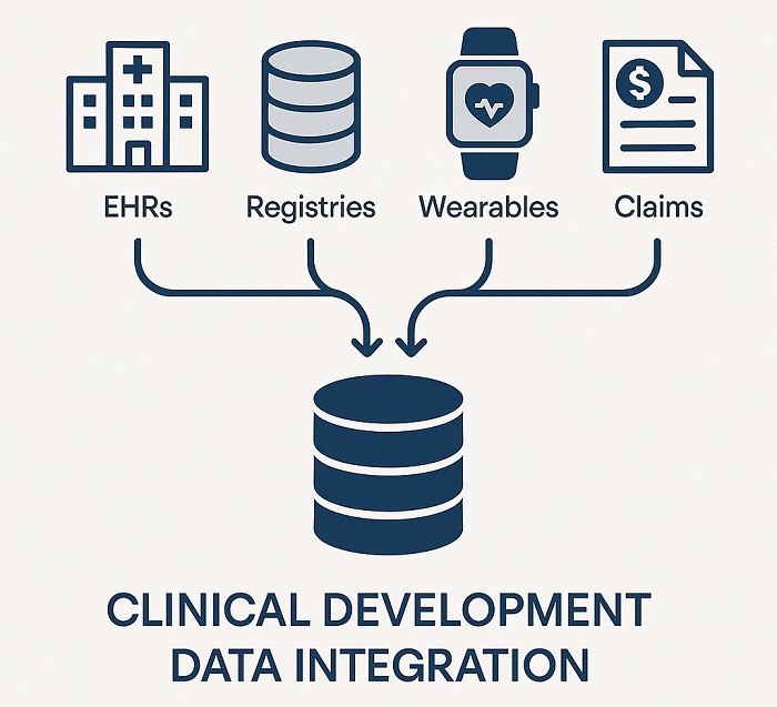 Data Source Integration Map illustrating how multiple RWD sources feed clinical development