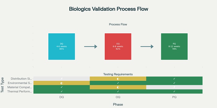 Biologics Packaging Validation Process Flow - Comprehensive three-phase validation approach for high-value therapeutics