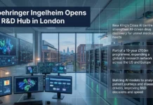Boehringer Ingelheim Launches New AI R&D Centre in London Headline reads 'Boehringer Ingelheim Opens AI R&D Hub in London' over a high-tech lab filled with multiple monitors; three translucent callouts describe: 1) AI centre to strengthen AI-driven drug discovery for unmet medical needs, 2) part of a £150m, 10-year programme expanding AI research across the US and Europe, 3) building AI models to analyze patient journeys and disease drivers to speed R&D decisions.