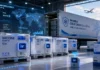 Cold Chain Intelligence Enhancing Pharma Logistics Safety Vaccine cold storage with multiple 2.8ยฐC freezers, a blue holographic real-time monitoring display, and a branded pharma cold chain truck behind.