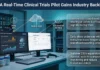 FDA Advances Real-Time Clinical Trials With AstraZeneca, Amgen Infographic of FDA real-time clinical trials pilot showing data flow from trial site to cloud hub to regulator review with cloud sharing and AI monitoring notes (three callouts).
