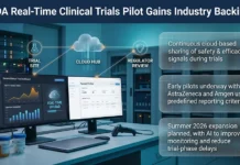 FDA Advances Real-Time Clinical Trials With AstraZeneca, Amgen Infographic of FDA real-time clinical trials pilot showing data flow from trial site to cloud hub to regulator review with cloud sharing and AI monitoring notes (three callouts).