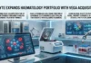 Incyte Expands Haematology Portfolio with Vega Acquisition Infographic of a futuristic hematology lab with a computer, a centrifuge, robotic arm, and test tubes; headline reads 'Incyte expands haematology portfolio with Vega acquisition' with three callout boxes describing the deal and research progress.