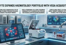 Incyte Expands Haematology Portfolio with Vega Acquisition Infographic of a futuristic hematology lab with a computer, a centrifuge, robotic arm, and test tubes; headline reads 'Incyte expands haematology portfolio with Vega acquisition' with three callout boxes describing the deal and research progress.