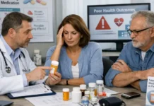 The Growing Challenge of Patient Non-Compliance in Modern Healthcare Doctor explains prescription to a couple at a table with pill bottles and charts in the background.