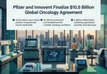 Pfizer and Innovent Finalize $10.5 Billion Global Oncology Agreement Laboratory with advanced equipment and a large banner announcing Pfizer and Innovent finalize $10.5 billion global oncology agreement.