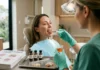Taste Masking Technologies Improving Oral Therapies Dental assistant in teal scrubs and gloves applies liquid to a patient’s mouth during a dental visit, with bottles and pills on a tray nearby.