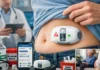 How Wearable Injectors Are Transforming Large-Volume Drug Delivery Abdomen with a medical wearable diabetes device showing an alert and green indicator, doctor and medical gear in the background.