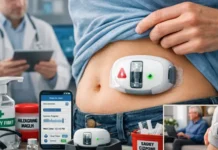 How Wearable Injectors Are Transforming Large-Volume Drug Delivery Abdomen with a medical wearable diabetes device showing an alert and green indicator, doctor and medical gear in the background.