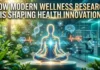 How Modern Wellness Research Is Shaping Health Innovation Poster-style scene with the title 'HOW MODERN WELLNESS RESEARCH IS SHAPING HEALTH INNOVATION' and a glowing meditating figure surrounded by DNA, brain, and heartbeat graphics in a high-tech lab, symbolizing wellness research.