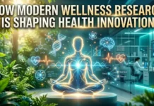How Modern Wellness Research Is Shaping Health Innovation Poster-style scene with the title 'HOW MODERN WELLNESS RESEARCH IS SHAPING HEALTH INNOVATION' and a glowing meditating figure surrounded by DNA, brain, and heartbeat graphics in a high-tech lab, symbolizing wellness research.