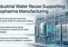 Industrial Water Reuse Supporting Biopharma Manufacturing Infographic on biopharma water reuse with three points: high-purity water for media and cleaning, circular water strategies due to scarcity, and treating/reclaiming wastewater for sustainable operations.