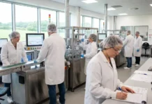 Why Operational Resilience is Becoming A Strategic Priority Across Pharmaceutical Facilities Team of scientists in white coats and hairnets work at an automated production line, monitoring computer screens.