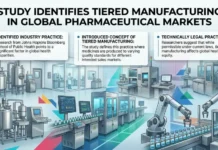 Study Identifies Tiered Manufacturing in Global Pharmaceutical Markets Infographic of a modern pharmaceutical manufacturing plant with three callouts about industry practice, the tiered manufacturing concept, and legal considerations in global markets.