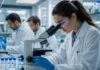 O-1A Visa Evidence for Pharma and Biotech Professionals: What Actually Proves Extraordinary Ability Scientist in a lab coat and safety goggles using a microscope in a modern laboratory with glassware in the background.