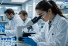 O-1A Visa Evidence for Pharma and Biotech Professionals: What Actually Proves Extraordinary Ability Scientist in a lab coat and safety goggles using a microscope in a modern laboratory with glassware in the background.