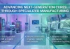 Advanced Therapies Manufacturing Supporting Next-Generation Drug Development Futuristic biotech lab with a glowing banner about advanced cures and three bullet points on therapies, patient cells, and specialized facilities.