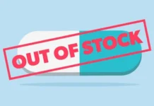 Why Canada Keeps Running Out of Medications — and How Compounding Helps Two-tone capsule (white left, teal right) with a bold red 'OUT OF STOCK' stamp across it on a light blue background