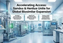 Sandoz Expands Global Pipeline with Multi-Product Biosimilar Agreement Infographic: 'Accelerating Access: Sandoz & Henlius Unite for Global Biosimilar Expansion' over a modern biotech plant with three callouts about partnership, milestone payments, and global sales.",