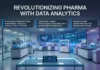 Data Analytics Improving Bioperformance Prediction for Small Molecules Futuristic pharma lab with high-tech equipment and multiple screens; banner reads 'Revolutionizing Pharma with Data Analytics'.