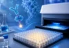 How To Choose A Chemiluminescent Immunoassay Kit? Lab bench with a glowing 96-well plate loaded into a reader; blue pipettes and a molecular model in the background.