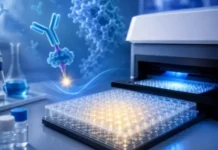 How To Choose A Chemiluminescent Immunoassay Kit? Lab bench with a glowing 96-well plate loaded into a reader; blue pipettes and a molecular model in the background.
