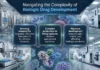 Large Molecule Development Supporting Complex Biologic Drug Programs Banner illustrating a high-tech biopharmaceutical lab with three panels: 'Growing demand for targeted, effective therapies for chronic diseases'; 'Complex production in living systems requires specialized expertise'; 'Rigorous development ensures safe, stable, and effective biologic products.'