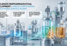 Lonza Launches Rapid Media Prototyping Service to Accelerate Biopharmaceutical Development Robotic biotech lab with glass reactors and tubing illustrating Lonza RaMp rapid media prototyping service in action.