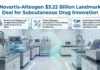 Novartis Signs $3.22 Billion Deal with Alteogen for Subcutaneous Drug Technology Infographic announcing a $3.22B Novartis‑Alteogen deal for subcutaneous drug innovation in a high‑tech lab with three explanatory bubbles: agreement value, ALT‑B4 tech, and global grants.